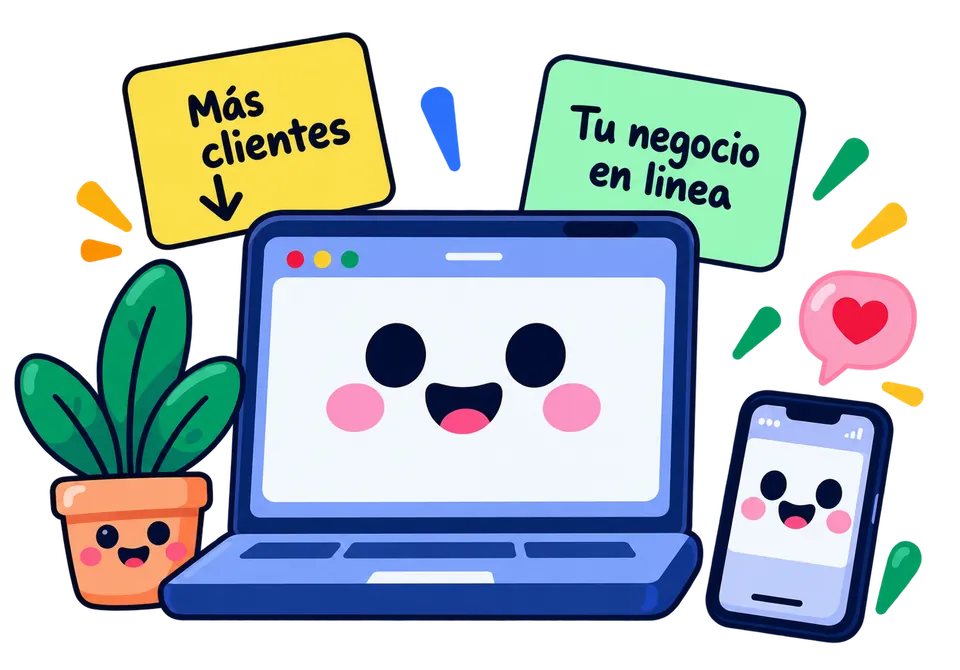 Ilustración de un portátil y un móvil sonrientes junto a una planta, con notas que dicen «Más clientes» y «Tu negocio en línea».