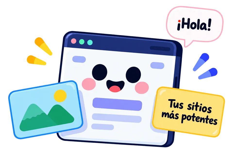 Ilustración de una ventana de navegador sonriente con un bocadillo que dice «¡Hola!» y un recuadro amarillo con el mensaje «Tus sitios más potentes».