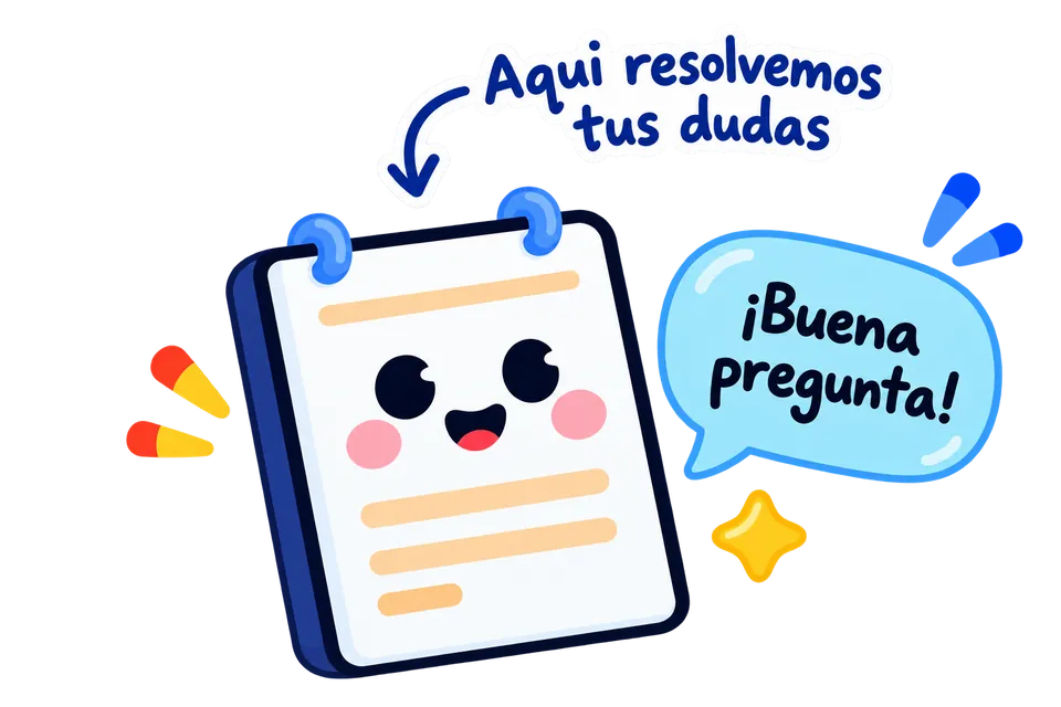 Ilustración de una libreta sonriente con los mensajes «Aquí resolvemos tus dudas» y «¡Buena pregunta!».